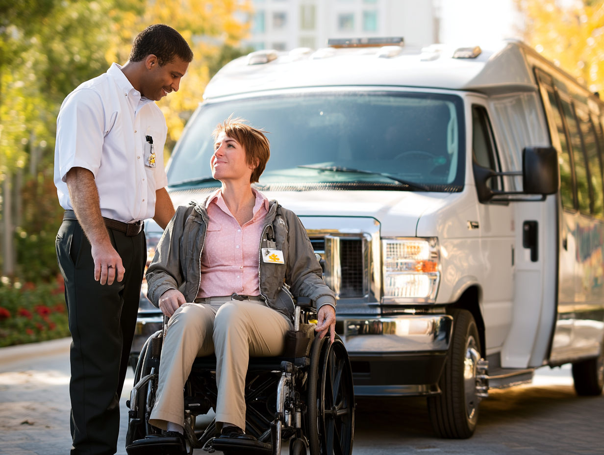 Arival driver greeting a patient in a wheelchair beside the transport van