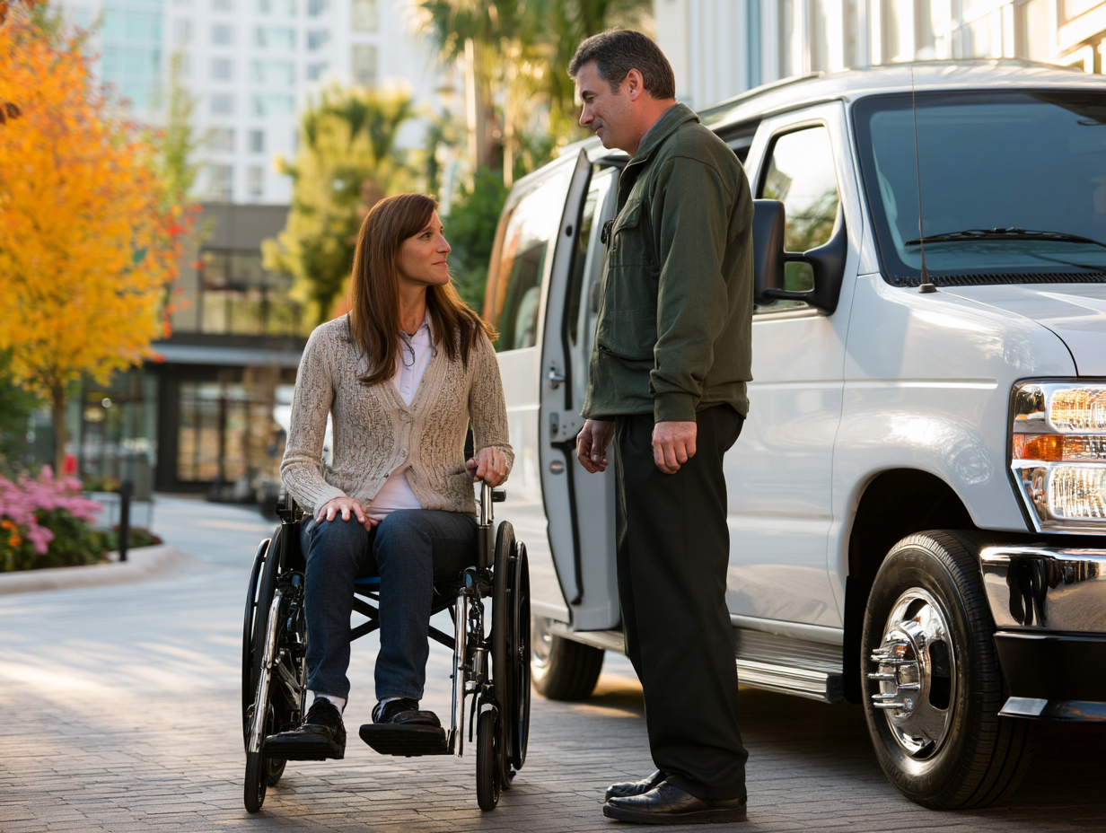 Arival driver assisting a client near the transport van
