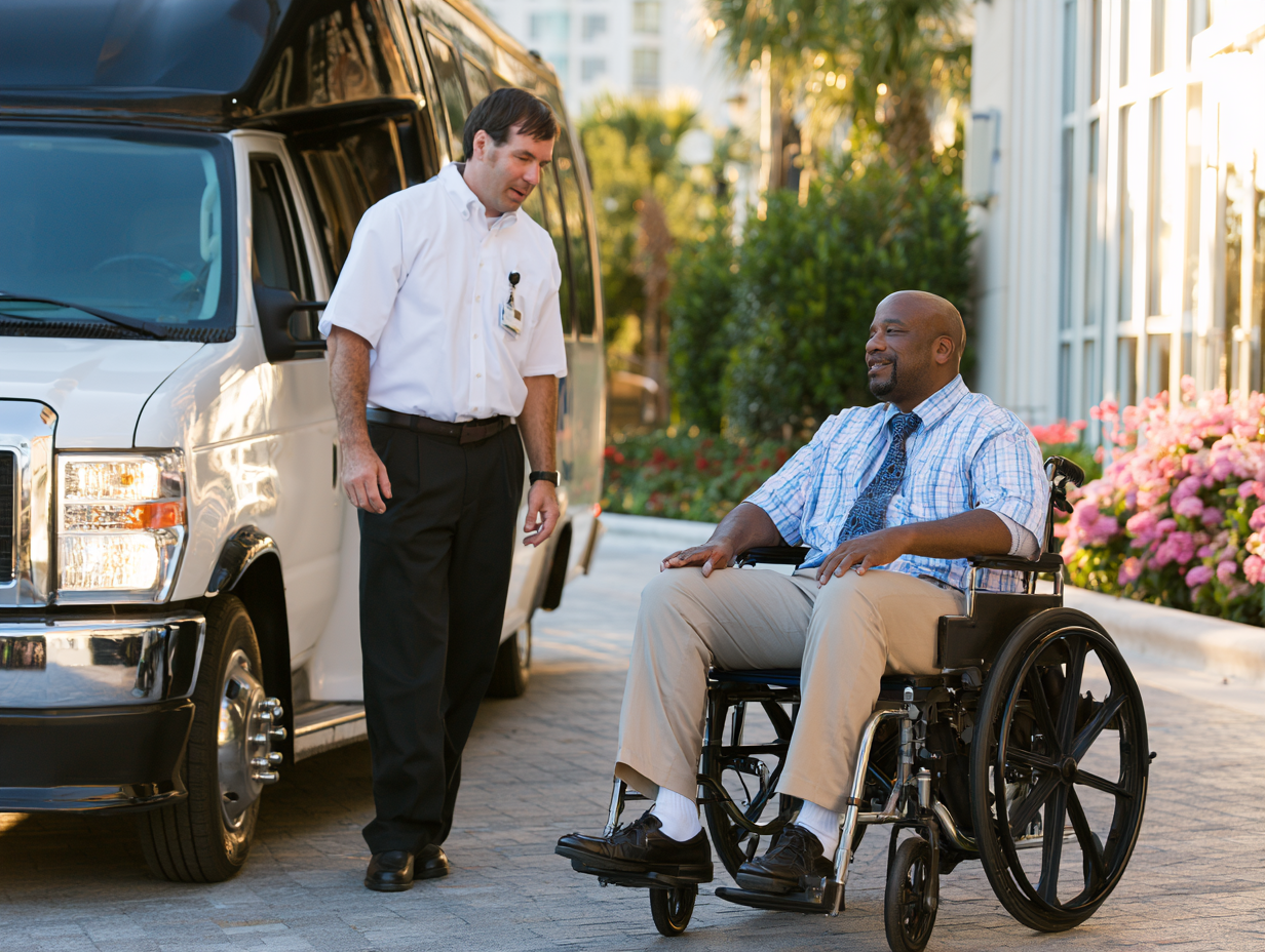 Arival driver assisting a wheelchair client in DeKalb County, Georgia